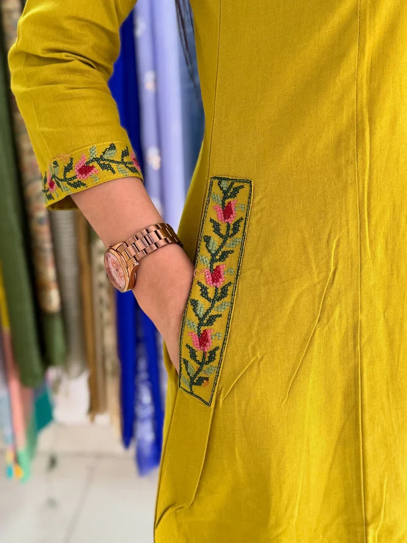 Elegant Mustard Yellow Embroidered Kurta Pant Set for Women
