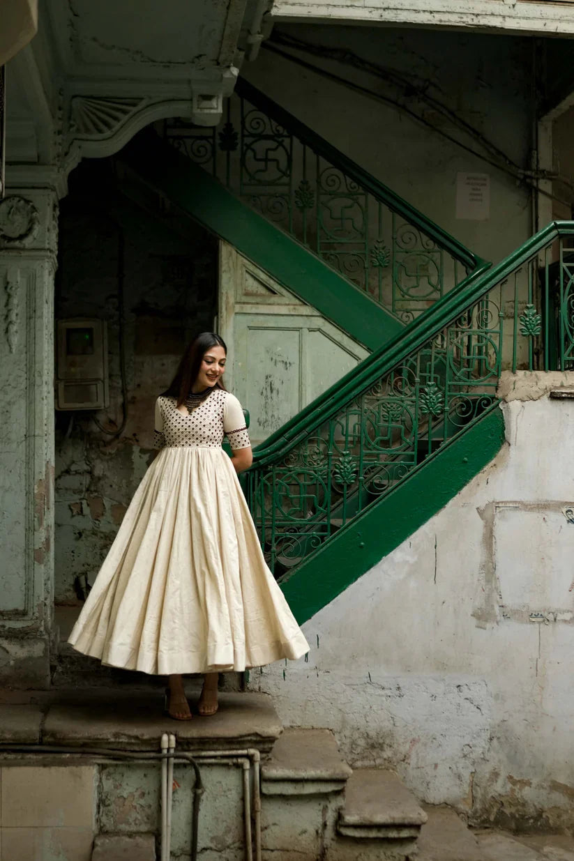 Mohini Cream Embroidered Anarkali Dress – Backless Festive & Wedding Wear for Women