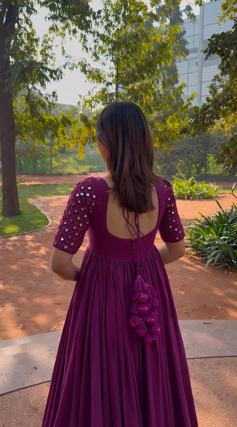 Gamthi Plum Anarkali Kurta Pant Set – Mirror Work Festive & Ethnic Wear for Women