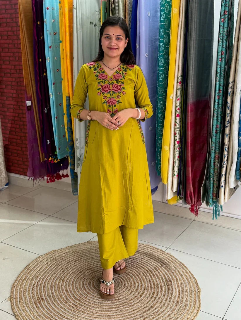 Elegant Mustard Yellow Embroidered Kurta Pant Set for Women