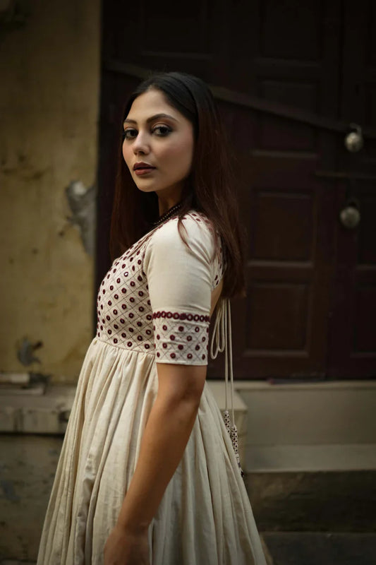 Mohini Cream Embroidered Anarkali Dress – Backless Festive & Wedding Wear for Women