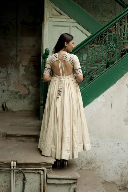 Mohini Cream Embroidered Anarkali Dress – Backless Festive & Wedding Wear for Women