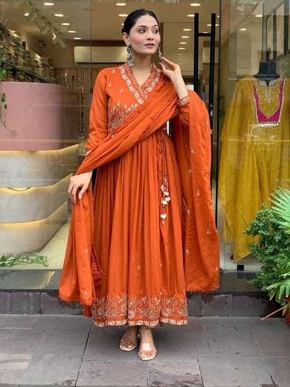 Women Orange Cotton Angrakha Kurta Pant and Dupatta set