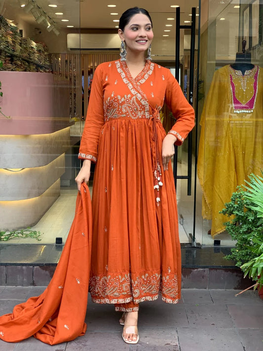 Women Orange Cotton Angrakha Kurta Pant and Dupatta set